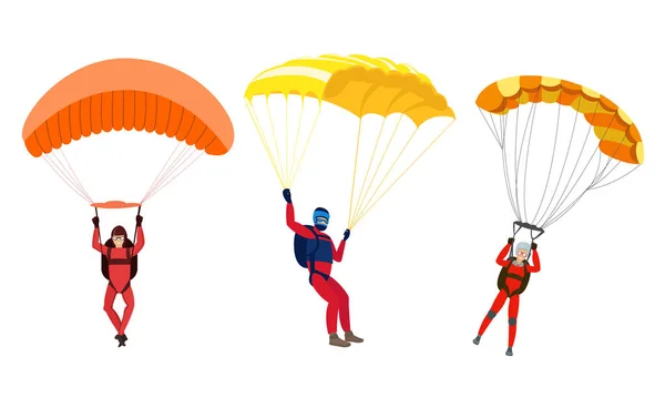 Gelukkig glimlachende jonge mensen skydivers met parachutes genieten van vlucht vector illustratie — Stockvector