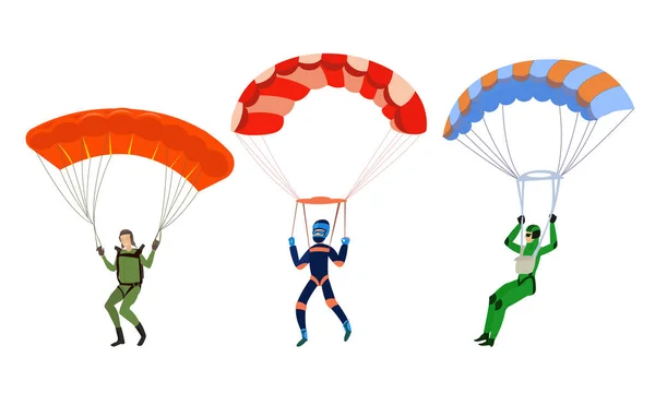 Gelukkig lachende jonge mensen skydivers met parachutes vector illustratie — Stockvector