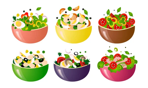 Diferentes tipos de comidas saludables ensaladas frescas en cuencos coloridos vector ilustración — Vector de stock