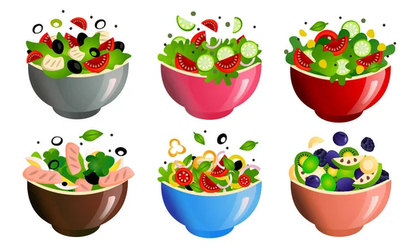 Diferentes tipos de ensaladas frescas saludables en cuencos vector ilustración — Vector de stock