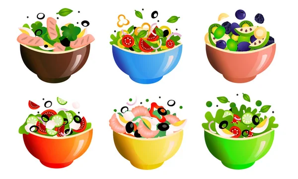 Diferentes tipos de comidas saludables ensaladas frescas en cuencos vector ilustración — Vector de stock