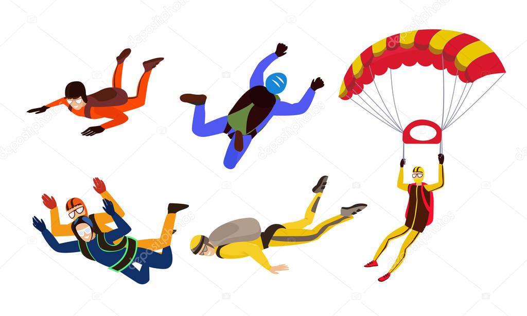 Happy smiling young people skydivers enjoying flight vector illustration