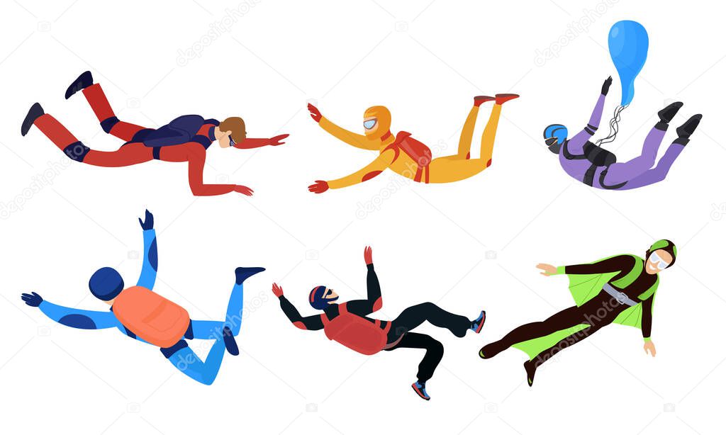 Happy smiling young people skydivers enjoying levitation vector illustration