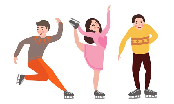 Conjunto de diferentes personajes masculinos y femeninos patinaje artístico en diferentes poses de acción. Ilustración vectorial en un estilo plano de dibujos animados . — Vector de stock
