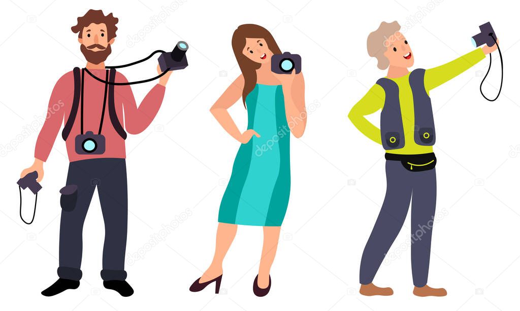 Set of different male and female photographers in different action poses. Vector illustration in a flat cartoon style.