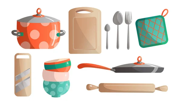 Set di diversi utensili da cucina, utensili da cucina ed elettrodomestici da cucina. Illustrazione vettoriale in stile fumetto piatto . — Vettoriale Stock