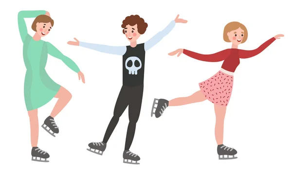 Set di diversi personaggi maschili e femminili pattinaggio artistico in diverse pose d'azione. Illustrazione vettoriale in stile fumetto piatto . — Vettoriale Stock