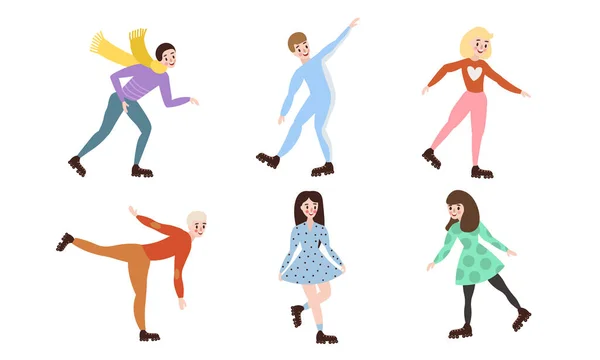 Conjunto de diferentes personajes masculinos y femeninos patinando en diferentes poses de acción. Ilustración vectorial en un estilo plano de dibujos animados . — Vector de stock