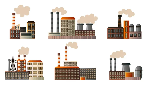 Комплект различных зданий промышленной мануфактуры. Векторная иллюстрация в плоском стиле мультфильма . — стоковый вектор