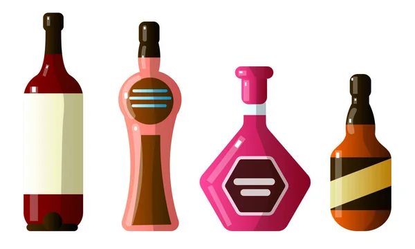 Ensemble de différentes boissons alcoolisées en bouteilles de différentes formes. Illustration vectorielle dans un style de dessin animé plat . — Image vectorielle