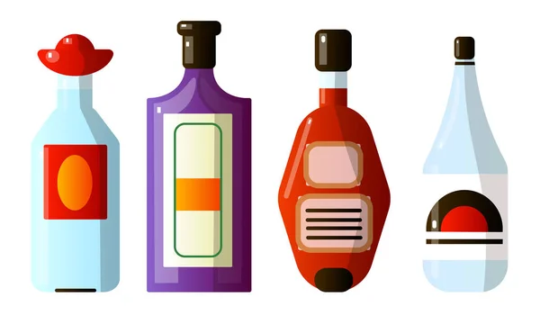 Set verschiedener alkoholischer Getränke in Flaschen unterschiedlicher Form. Vektor-Illustration im flachen Cartoon-Stil. — Stockvektor