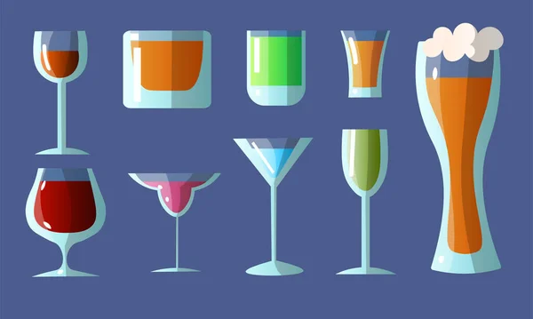 Set van verschillende glazen in verschillende vormen met alcoholische dranken. Vector illustratie in een platte cartoon stijl. — Stockvector