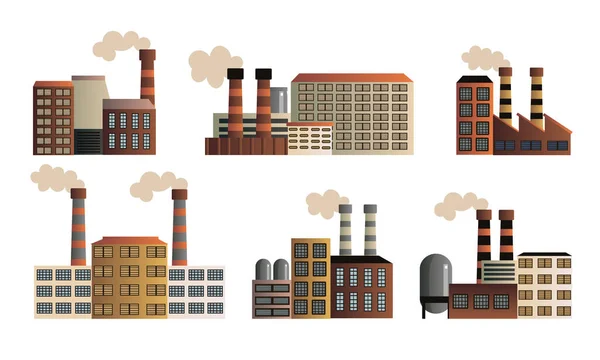 工業用工場の異なる建物のセット。平面漫画風のベクトルイラスト. — ストックベクタ