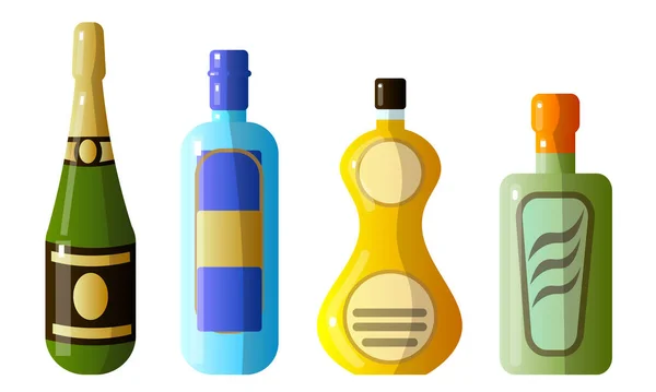 Set verschiedener alkoholischer Getränke in Flaschen unterschiedlicher Form. Vektor-Illustration im flachen Cartoon-Stil. — Stockvektor