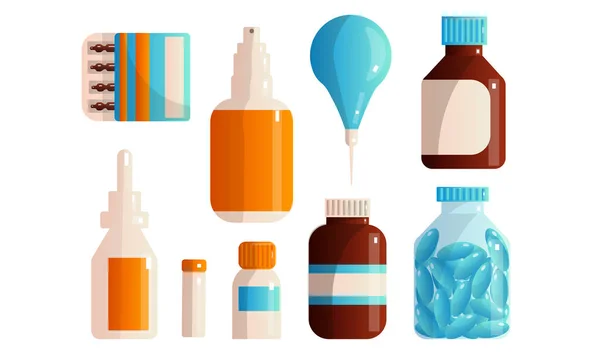 Uppsättning medicinska första hjälpen kit läkemedel som innehåller olika piller, drycker, droppar, ampuller. Vektor illustration i en platt tecknad stil. — Stock vektor