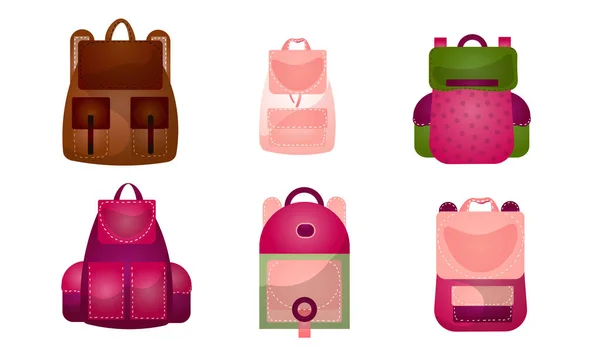 Conjunto de mochilas modernas ao ar livre de diferentes formas e cores para várias pessoas. Ilustração vetorial em estilo de desenho animado plano . —  Vetores de Stock