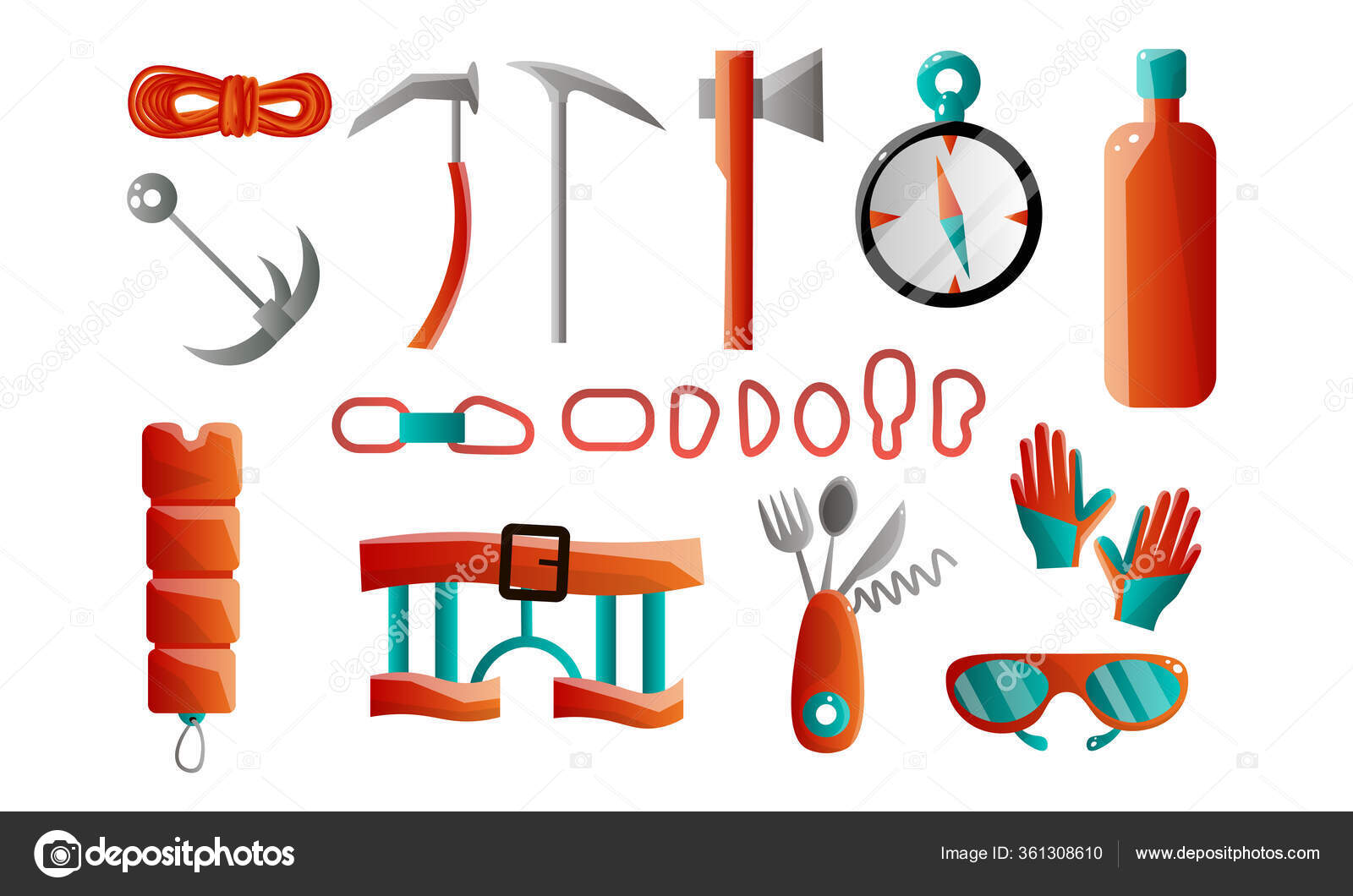 Set of mountain climber tools and equipment for backpacking. Vector  illustration in flat cartoon style. Stock Vector by ©greenpic.studio  361308610