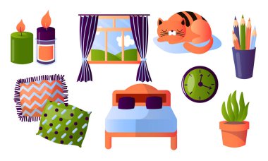 Farklı mobilyalar ve ev eşyaları seti. Çizgi film tarzında vektör illüstrasyonu.