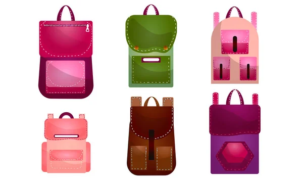 Conjunto de mochilas modernas ao ar livre de diferentes formas e cores para várias pessoas. Ilustração vetorial em estilo de desenho animado plano . — Vetor de Stock