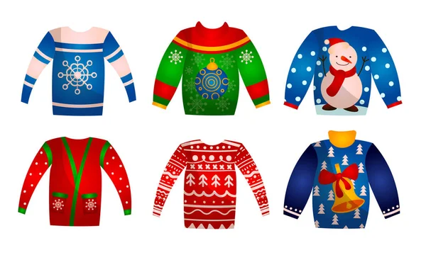 Set feestelijke truien met thematische kerstafbeeldingen. Vector illustratie in platte cartoon stijl. — Stockvector