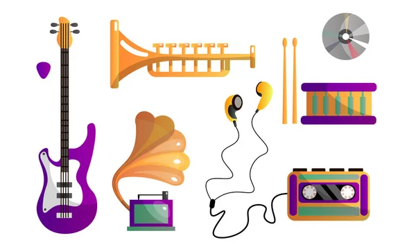 Conjunto de diferentes instrumentos musicais modernos e ferramentas para tocar e ouvir música. Ilustração vetorial em estilo de desenho animado plano . —  Vetores de Stock