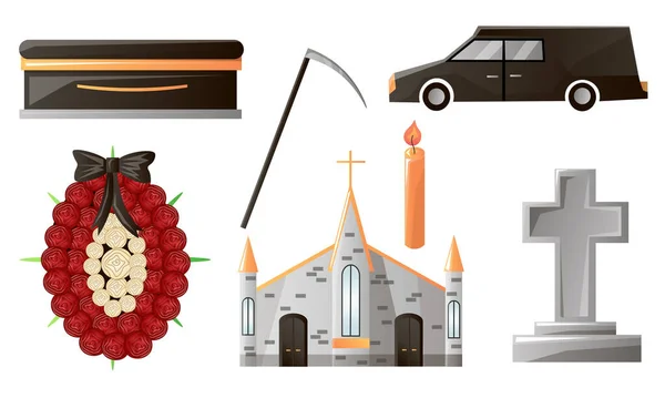 Sada věcí použitých na pohřbu a obřadu. Vektorová ilustrace v plochém kresleném stylu. — Stockový vektor