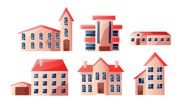 Conjunto de hermosas casas urbanas modernas de varios pisos con techos rojos en diferentes formas. Ilustración vectorial en estilo plano de dibujos animados . — Archivo Imágenes Vectoriales