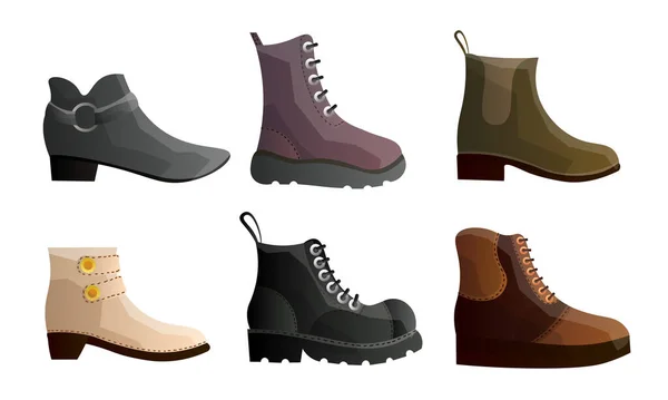 Set van moderne soorten stijlvolle winterschoenen in verschillende vormen. Vector illustratie in platte cartoon stijl. — Stockvector