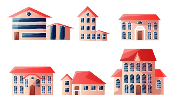 Conjunto de hermosas casas urbanas modernas de varios pisos con techos rojos en diferentes formas. Ilustración vectorial en estilo plano de dibujos animados . — Archivo Imágenes Vectoriales