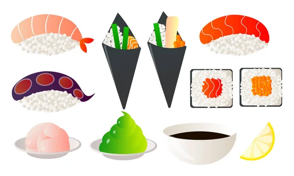 Σετ ιαπωνικών φαγητών με ξυλάκια σούσι και μπολ με wasabi σόγια. Εικονογράφηση διάνυσμα σε επίπεδο στυλ κινουμένων σχεδίων. — Διανυσματικό Αρχείο