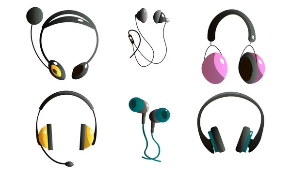 Conjunto de fones de ouvido de música sem fio e com fio em diferentes cores e formas. Ilustração vetorial em estilo de desenho animado plano . — Vetor de Stock