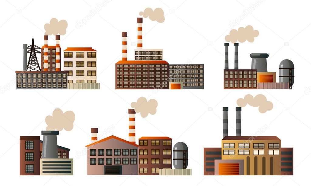 Set of different buildings of an industrial manufactory. Vector illustration in a flat cartoon style.