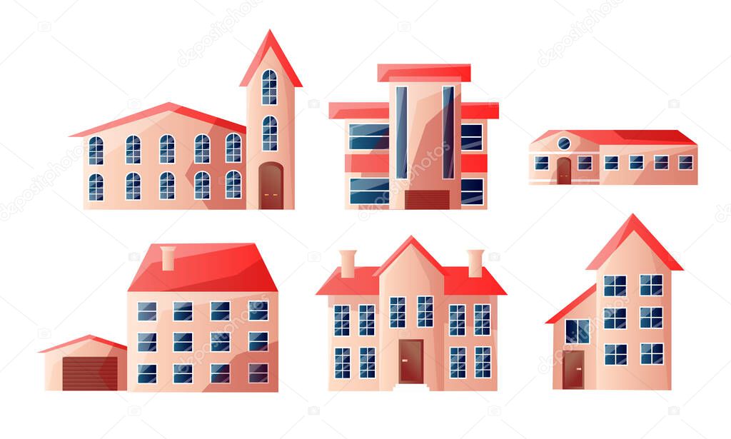 Set of modern beautiful urban multi-story houses with red roofs in different shapes. Vector illustration in flat cartoon style.