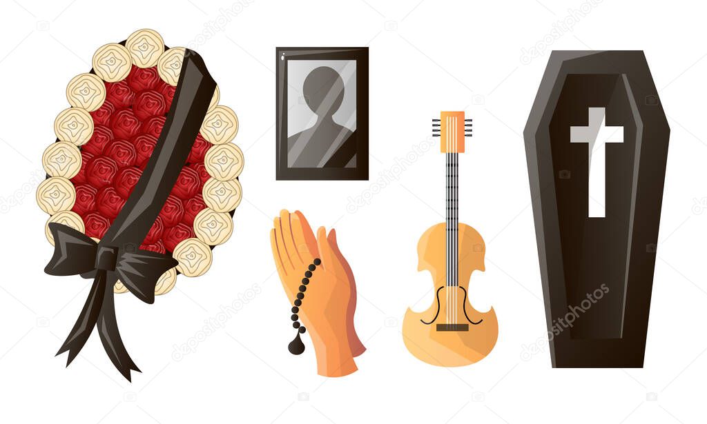 Set of items used at the funeral service and ceremony. Vector illustration in flat cartoon style.