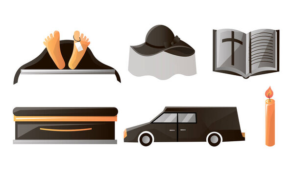 Набор предметов, используемых на похоронах и церемонии. Векторная иллюстрация в плоском стиле мультфильма
.