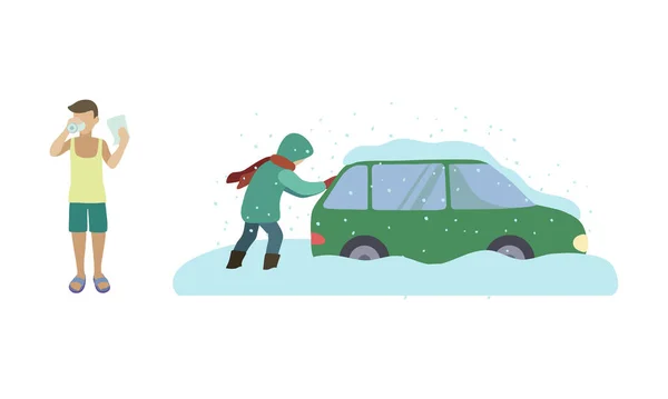 Set van mensen worstelen met slechte weersomstandigheden, zoals sterke sneeuwval, abnormale hitte. Vector illustratie in platte cartoon stijl. — Stockvector