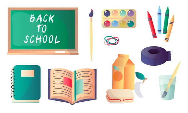 Különböző iskolai és oktatási felszerelések. Vektor illusztráció lapos rajzfilm stílusban. — Stock Vector