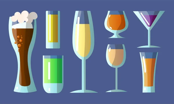 Set van verschillende glazen in verschillende vormen met alcoholische dranken. Vector illustratie in een platte cartoon stijl. — Stockvector