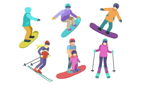 Set di diversi personaggi sciatori e snowboarder. Illustrazione vettoriale in stile fumetto piatto . — Vettoriale Stock