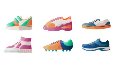 Gündelik giysiler için farklı spor ayakkabıları seti. Çizgi film tarzında vektör illüstrasyonu.