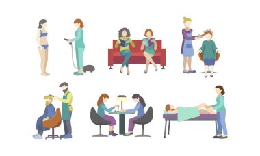 Yağmurlu, karlı ve rüzgarlı bir günde bir sürü insan. Çizgi film tarzında vektör illüstrasyonu.