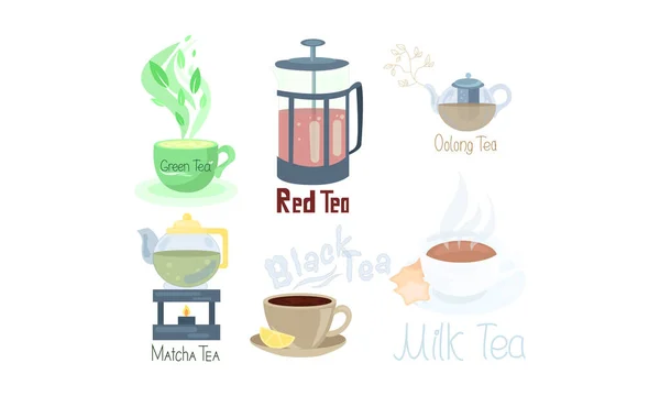 Zestaw różnych rodzajów herbaty i suplementów do herbaty. Ilustracja wektora w stylu płaskiej kreskówki. — Wektor stockowy