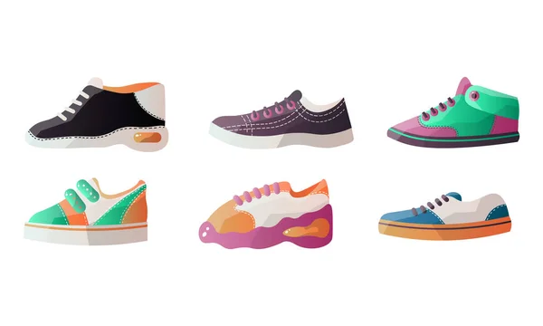 Conjunto de diferentes tipos de zapatillas deportivas modernas para el uso diario. Ilustración vectorial en estilo plano de dibujos animados . — Vector de stock