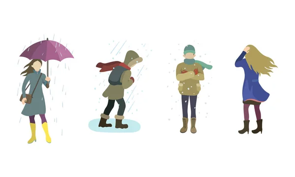 Conjunto de várias pessoas em um dia chuvoso, nevado e ventoso. Ilustração vetorial em estilo de desenho animado plano . — Vetor de Stock