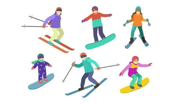 Conjunto de diferentes esquiadores e personagens snowboarders. Ilustração vetorial em estilo de desenho animado plano . — Vetor de Stock