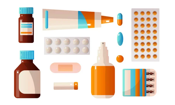 Set di farmaci medicali di pronto soccorso che contengono varie pillole, pozioni, gocce, fiale. Illustrazione vettoriale in stile fumetto piatto . — Vettoriale Stock