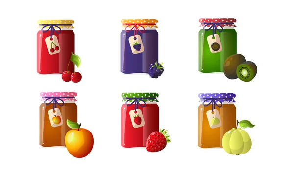 Set van verschillende jam in potten met braambes, kers, kiwi, appel, aardbei. Vector illustratie in platte cartoon stijl. — Stockvector