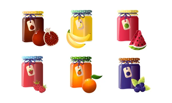 Conjunto de mermeladas en frascos con granada, plátano, sandía, frambuesa, naranja, arándano. Ilustración vectorial en estilo de dibujos animados . — Archivo Imágenes Vectoriales