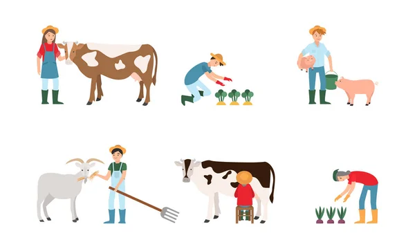 동물, 식물, 연장으로 농사를 짓는 행복 한 젊은 남녀들 — 스톡 벡터