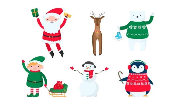 Navidad y Año Nuevo Santa Claus, muñeco de nieve y animales decorados — Archivo Imágenes Vectoriales